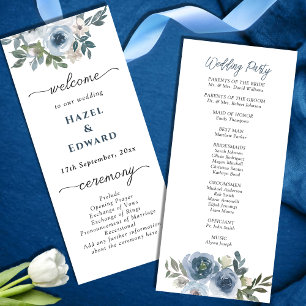 Simple Dusty blue Watercolor floral Wedding Program