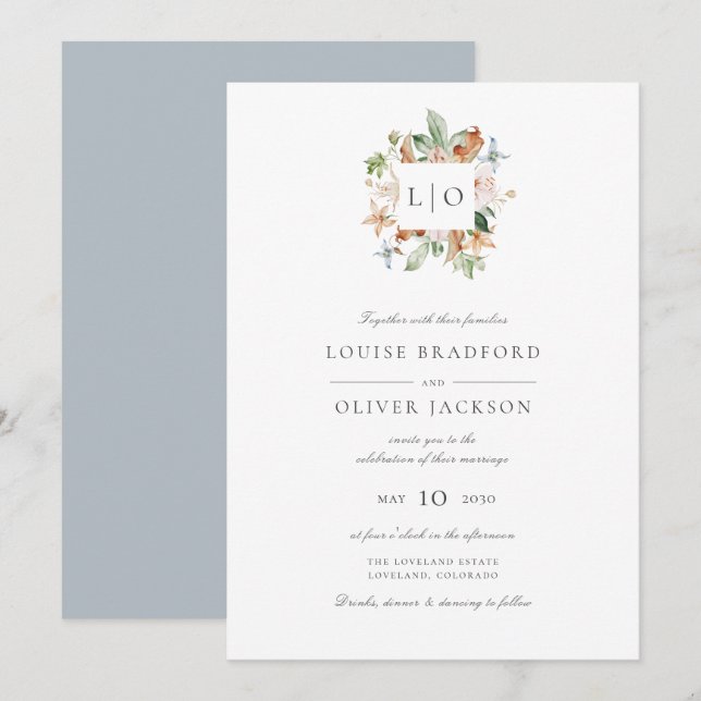Simple Dusty Blue Watercolor Monogram Wedding Invitation (Front/Back)