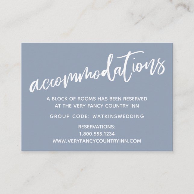 Simple Dusty Blue Wedding Accommodations Enclosure Card (Front)