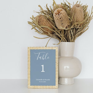 Simple dusty blue wedding calligraphy script table number