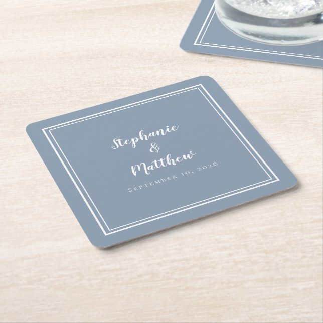 Simple Dusty Blue Wedding Modern Minimalist Party Square Paper Coaster (Angled)