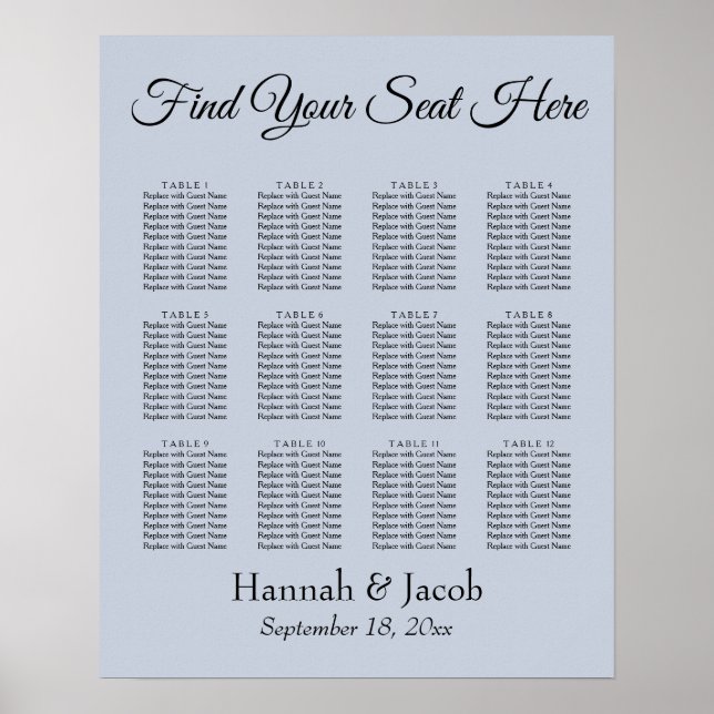 Simple Dusty Blue Wedding Reception Seating Chart (Front)
