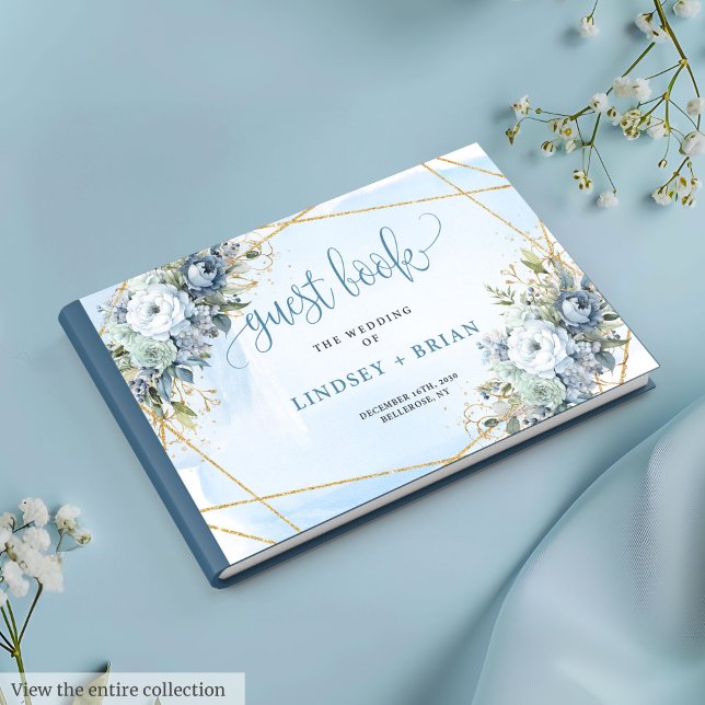 Simple Dusty Blue White Gold Flowers Livre d'or (Glam Blue Peonies White Gold Wedding Guest Book

)