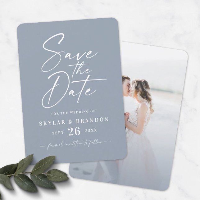 Simple Dusty Blue with Script and Photo Wedding Save The Date (Creator Uploaded)