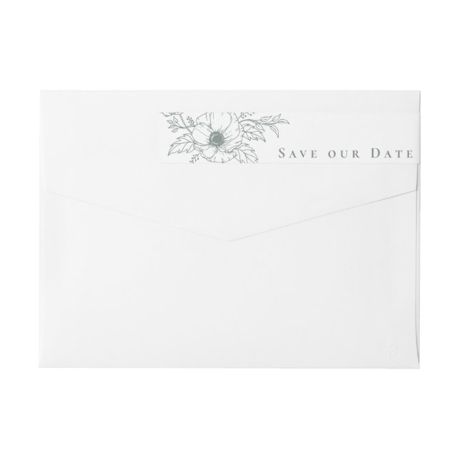 Simple Dusty Green Anemone Floral Save the Date Wrap Around Label (Back)