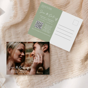 Simple Dusty Green Save the Date QR Code Photo Postcard