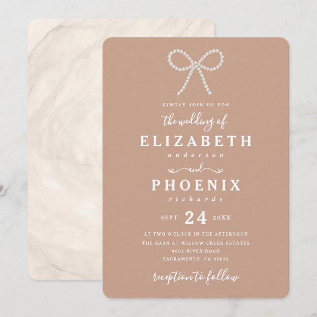 Simple Dusty Peach Pearl Bow Trendy Wedding Invitation (Front/Back)