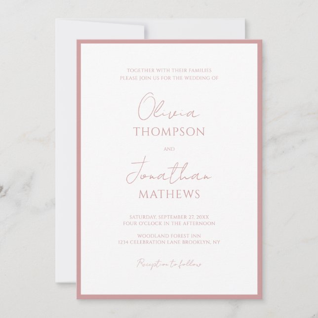 Simple Dusty Pink Border Script Wedding Invitation (Front)