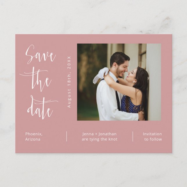 Simple Dusty Pink Photo QR Code Save The Date Postcard (Front)
