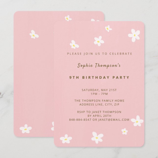 Simple Dusty Rose Cute Daisies Girl Birthday Party Invitation (Front/Back)