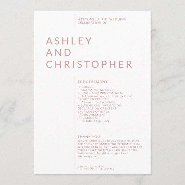 Simple Dusty Rose Isolated Names Wedding Ceremony Program (Front)