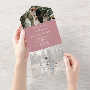 Simple Dusty Rose Pink 2 Photo RSVP Wedding All In One Invitation