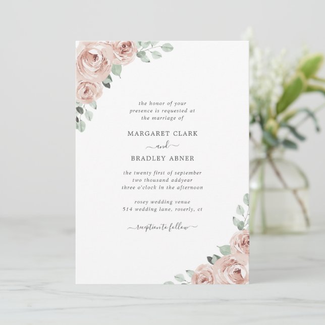 Simple Dusty Rose Pink Floral Elegant Wedding Invitation (Standing Front)