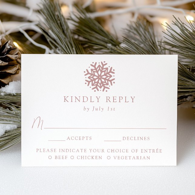 Simple Dusty Rose Snowflake Meal Choice Wedding RSVP Card (Creator Uploaded)