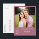 Simple Dusty Rose Wedding Save the Date Photo Postcard<br><div class="desc">This dusty rose or mauve pink postcard is the perfect way to let your friends and family know about your upcoming wedding. Features a simple minimalist design with is artsy,  modern,  and elegant including your photo with white text containing all of the vital information.</div>