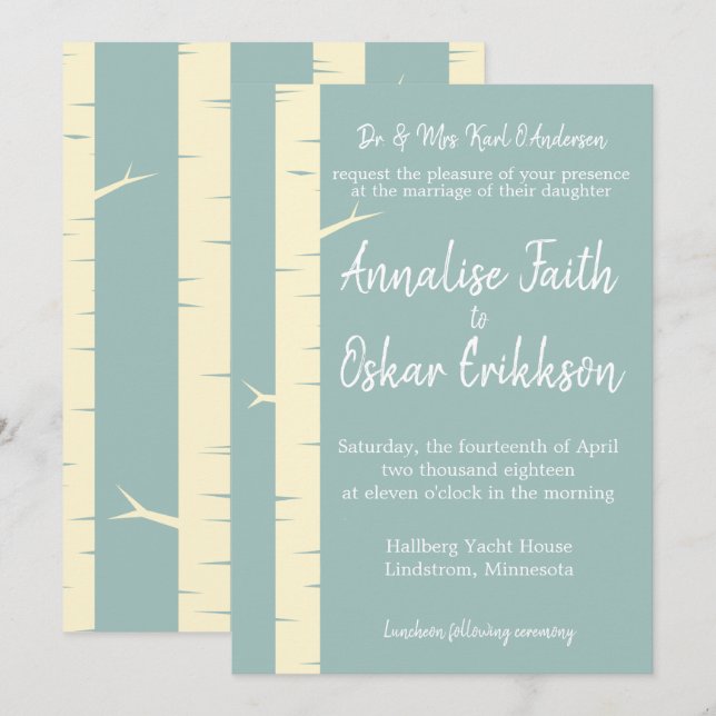 Simple Eggshell Blue Birch Wedding Invitation (Front/Back)