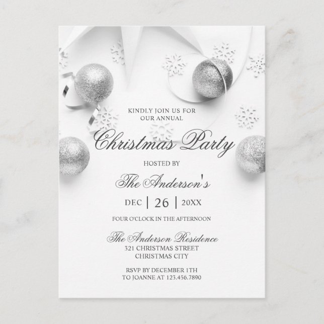 Simple Elagant White and Silver Christmas Party Invitation Postcard (Front)