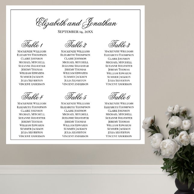 Simple Elegance 6 Table Wedding Seating Chart (In Situ on Wall)