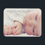 Simple Elegance Baby Photo Birth Announcement Magnet<br><div class="desc">Announce your new baby boy or girl to family and friends in style with this simple and classic photo birth announcement. Features an elegant charcoal grey text overlay on the front featured photo, and three square photos on the back of the card with text that can be personalized. Use the...</div>