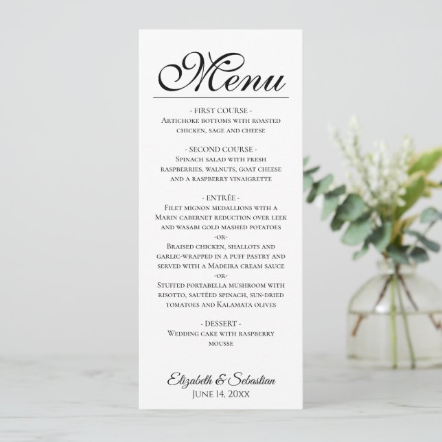 Simple Elegance Black Script on White Wedding Menu (Standing Front)