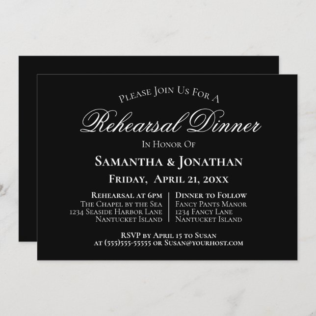 Simple Elegance Black Wedding Rehearsal Dinner Invitation (Front/Back)