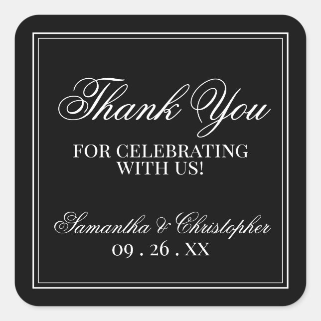 Simple Elegance Black Wedding Thank You Square Sticker (Front)
