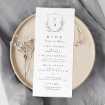 Simple elegance botanical crest monogram wedding Menu<br><div class="desc">Monogrammed initials framed by elegant crest and hand illustrated botanical leaves,  menu details in elegant script and classic font,  simple and luxury.  Great black and white menu for modern classic wedding,  simple formal wedding,  elegant botanical garden wedding. 
See all the matching pieces in the collection.</div>