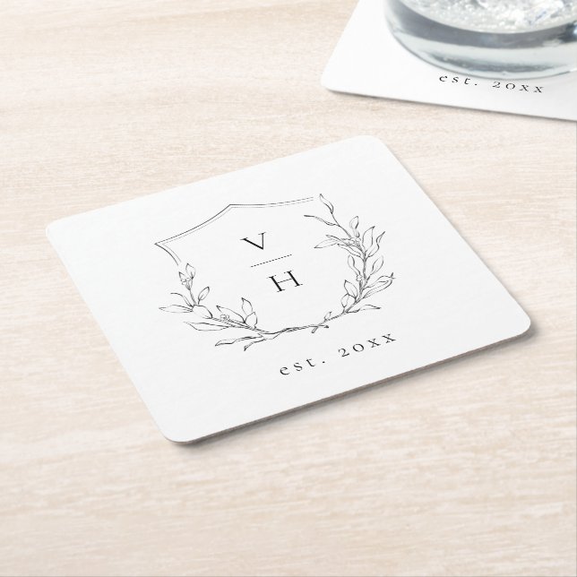 Simple elegance botanical crest monogram wedding square paper coaster (Angled)