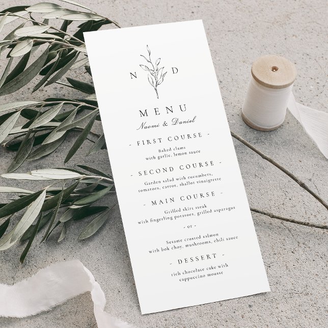 Simple elegance botanical leaves monogram wedding  menu (Simple elegance botanical leaves monogram wedding menu)