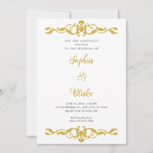 Simple Elegance Gold and White Art Deco Wedding Invitation (Front)