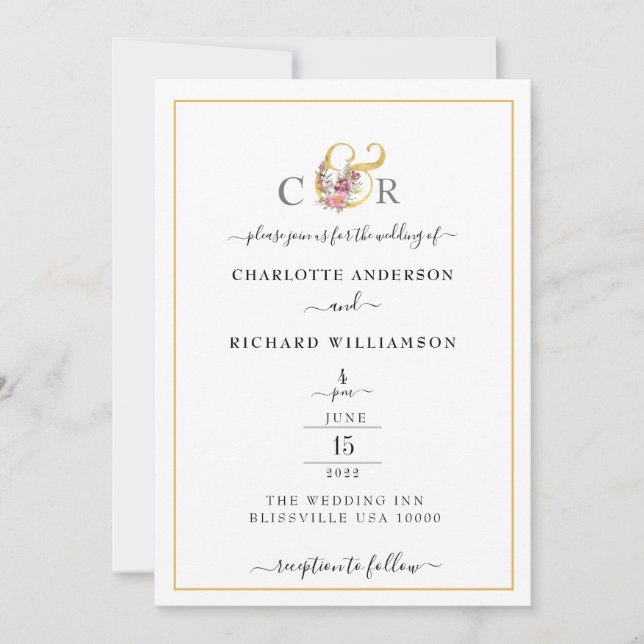 Simple Elegance, Gold Border and Ampersand Invitation (Front)