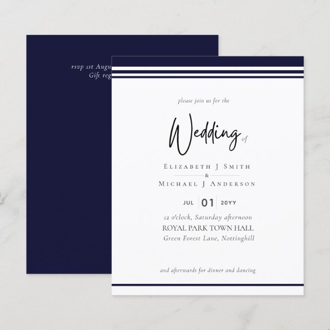 Simple Elegance Navy Blue Modern Budget Wedding (Front/Back)