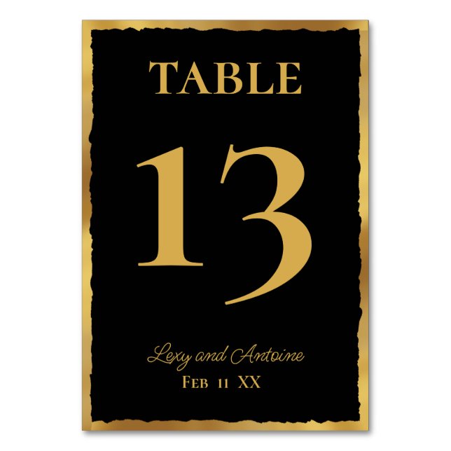 Simple Elegance Personalized Black Bold Gold Edge Table Number (Front)