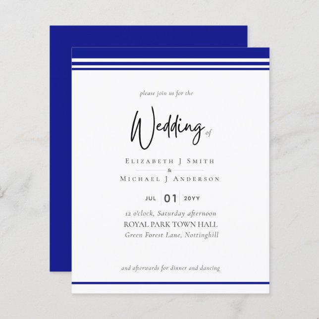 Simple Elegance Royal Blue Modern Budget Wedding (Front/Back)