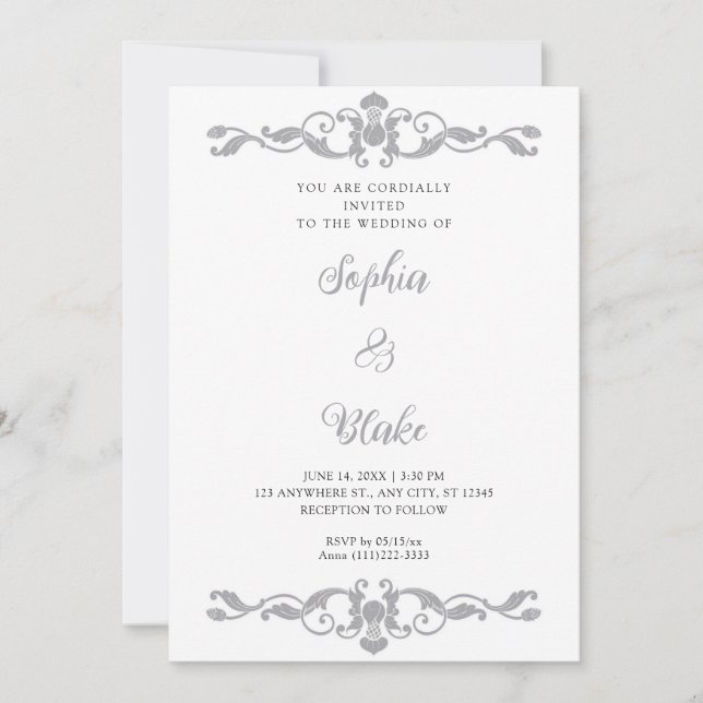 Simple Elegance Silver and White Art Deco Wedding Invitation (Front)