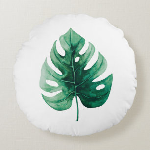 Simple Elegance Watercolor Green Monstera Leaf Round Pillow