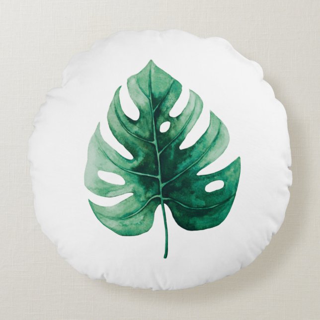 Simple Elegance Watercolor Green Monstera Leaf Round Pillow (Front)