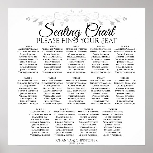 Simple Elegant 14 Table Wedding Seating Chart (Front)