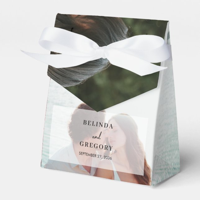 Simple Elegant 2 Photo Overlay Script Wedding Favor Box (Front Side)