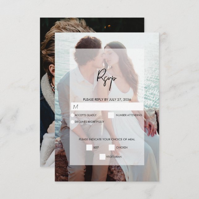 Simple Elegant 2 Photo Overlay Script Wedding RSVP Card (Front/Back)
