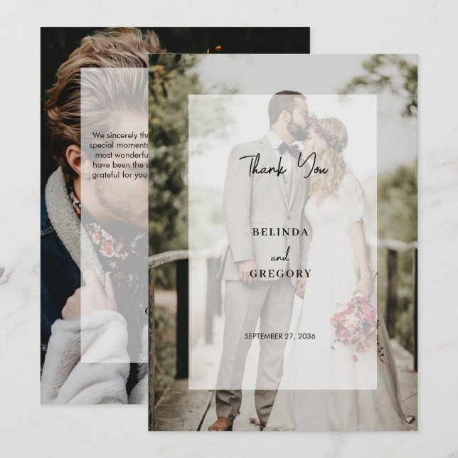 Simple Elegant 2 Photo Overlay Script Wedding Thank You Card (Front/Back)