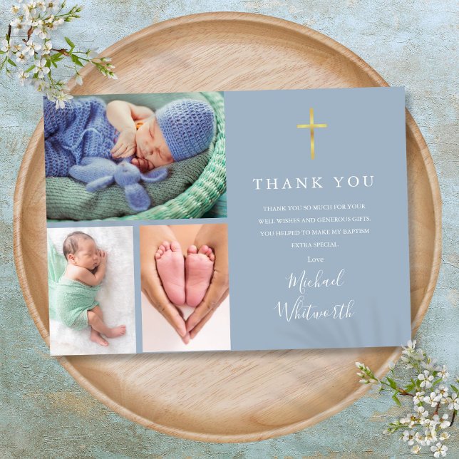 Simple Elegant 3 Photo Signature Script Baptism Thank You Card (Simple Elegant 3 Photo Signature Script Baptism Thank You Card)