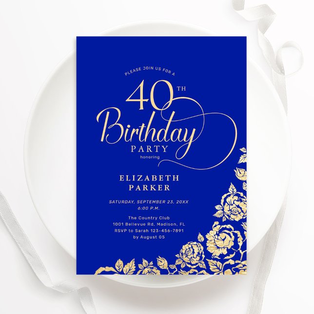 Simple Elegant 40th Birthday Royal Blue Gold Roses Invitation (Creator Uploaded)