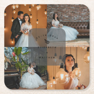 Simple Elegant 4 Photo Collage Wedding Party Square Paper Coaster