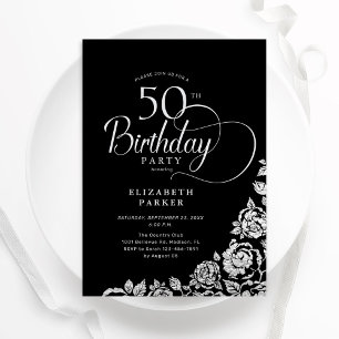 Simple Elegant 50th Birthday Black Silver Roses Invitation