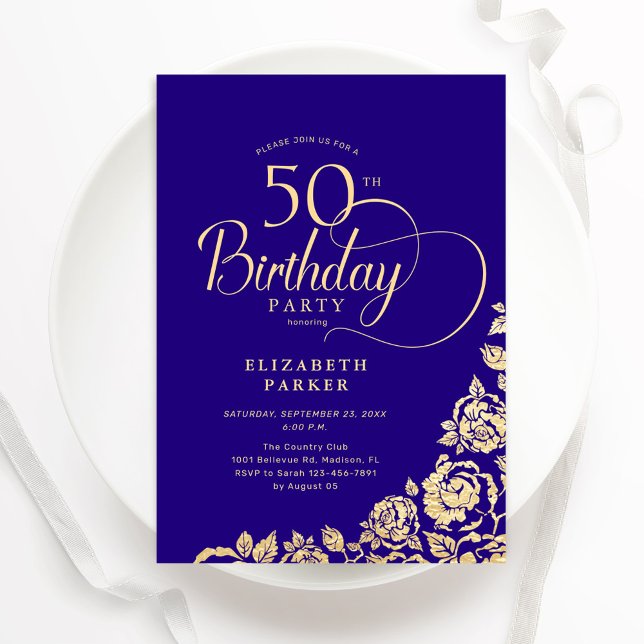 Simple Elegant 50th Birthday Purple Gold Roses Invitation (Creator Uploaded)