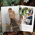 Simple elegant 6 photos newlywed Merry Christmas Holiday Card<br><div class="desc">Elegant faux gold script wedding six couple photo collage overlay name and text personalized first Christmas holiday card.</div>