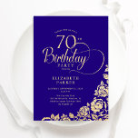 Simple Elegant 70th Birthday Purple Gold Roses Invitation<br><div class="desc">Simple elegant 70th birthday party invitation in purple and gold. Classy design featuring roses, faux gold foil and typography script font. Trendy invite card perfect for a stylish female bday celebration. Personalize with your own details. Can be customized to any age. Printed Zazzle invitations or instant download digital printable template....</div>