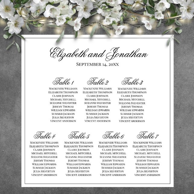 Simple Elegant 7 Table Wedding Seating Chart (In Situ on Wall with Flowers)