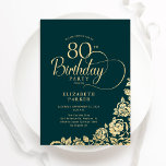 Simple Elegant 80th Birthday Emerald Green Gold Invitation<br><div class="desc">Simple elegant 80th birthday party invitation in emerald green and gold. Classy design featuring roses, faux gold foil and typography script font. Trendy invite card perfect for a stylish female bday celebration. Personalize with your own details. Can be customized to any age. Printed Zazzle invitations or instant download digital printable...</div>
